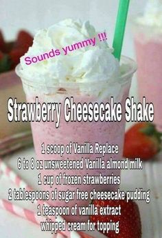 strawberry cheesecake shake recipe in a cup with whipped cream