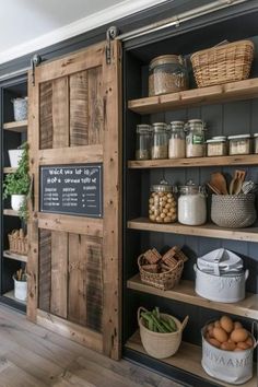 an open pantry with wooden shelves and baskets on the wall, along with other items