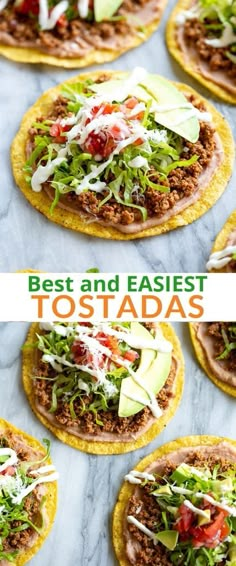 the best and easyest tostadas are made in tortilla shells with shredded cheese, lettuce, tomatoes, avocado and other toppings