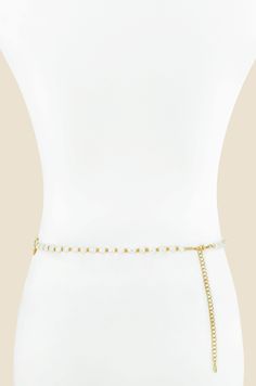 gold tone plated brass CZ acrylic pearl 20" with 5" extender Gold-tone Pearl Jewelry With Adjustable Chain, Elegant Beaded Waist Chain As A Gift, Elegant Adjustable Beaded Waist Chain, Adjustable Gold Chain Belt Gift, Party Pearl Jewelry With Gold Chain, Adjustable Gold Chain Belt As Gift, Elegant White Pearl Waist Chain, Gold Waist Chain With Pearl Details For Party, Gold Pearl Chain Waist Chain For Party