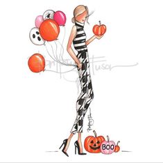 a drawing of a woman with balloons and pumpkins in her hand, wearing black and white