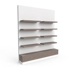 a white and brown shelf with several shelves on each side, in front of a white wall