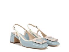 Sam Edelman Tracie - Women's Shoes : Robin Egg Blue/Porcelain : Style your look in the classy and shiny design of the Sam Edelman Tracie heels with a square toe and block heel construction, complementing a square-framed charm on the vamp. PU upper. Synthetic lining and PU footbed. Buckle closure on the ankle strap. Rubber outsole. Imported. Chic Slingback Pumps With Rectangular Buckle, Elegant Slingback Pumps With Rectangular Buckle, Elegant Slingback Pumps With Heel Strap And Buckle, Trendy Block Heel Slingback Pumps For Formal Occasions, Trendy Formal Slingback Pumps With Block Heel, Elegant Heels With Heel Strap And Rectangular Buckle, Chic Slingback Pumps With Heel Strap And Rectangular Buckle, Formal Slingback Pumps With Square Toe And Contrasting Heel, Chic Formal Heels With Rectangular Buckle