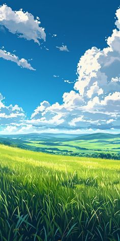 an anime landscape with green grass and blue sky in the foreground, clouds in the background