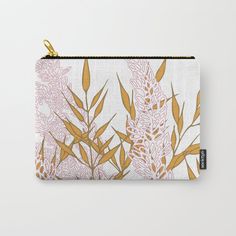 an orange and pink floral pattern on white background carry - all pouch with zipper closure