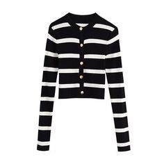 Long sleeve dark blue and white stripes cardigan sweater, with gold buttons. Striped Long Sleeve Cardigan With Buttons, Striped Long Sleeve Sweater With Button Closure, Striped Buttoned Cardigan For Spring, Striped Button-up Fall Sweater, Striped Button-up Sweater For Fall, Elegant Striped Winter Sweater, Fall Striped Button-up Sweater, Striped Long Sleeve Sweater With Buttons, Striped Winter Sweater With Button Closure