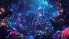 an underwater scene with corals, fish and other marine creatures in the water at night