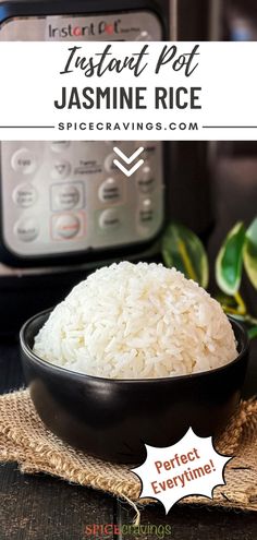 instant pot jasmine rice in a black bowl next to an instant pressure cooker