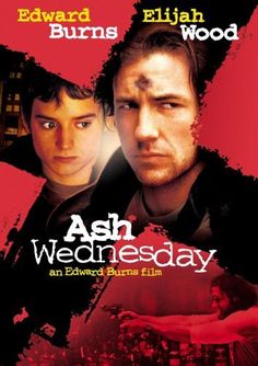 an advertisement for ash wednesday with two men looking at each other in front of a red background