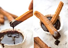 two pictures of dipping chocolate into churro sticks