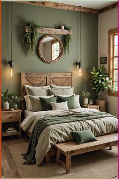 a bedroom with green walls and wooden furniture