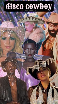 the cover of disco cowboy magazine, featuring photos of women in costumes and hats with fringes on them