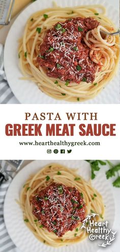 pasta with greek meat sauce on a white plate