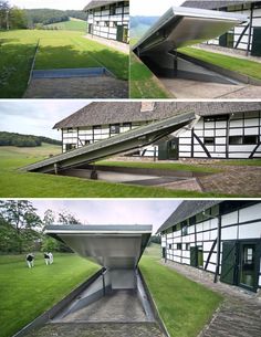 three different views of a house with grass on the roof and windows in the front