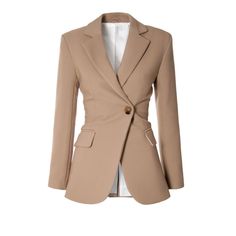 The jacket is made of fleshy, slightly thicker twill with a visible structure of the weave. The gentle line of the shoulders slightly protruding beyond the figure and the lower lapels drawing the feminine hip line. The waist is very much accentuated by the fit and the folds of the material formed after fastening, which strongly marks the hourglass line. Wear our blazer with tight trousers and heels or a midi skirt and high boots. Due to the thicker fabric used, the jacket can be worn as an outer Runway Fashion Couture, Tan Blazer, Stylish Work Attire, Blazer Designs, Red Blazer, Single Breasted Jacket, Fitted Blazer, Work Attire, Fall Looks