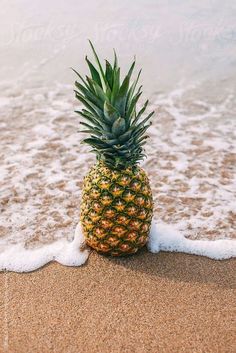 a pineapple sitting on top of a sandy beach next to the ocean with waves coming in