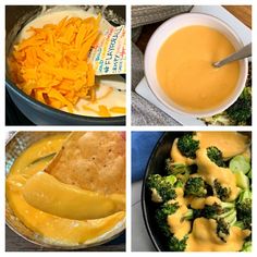 four pictures with different foods in them including broccoli, cheese and other items