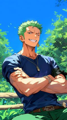 an anime character with green hair and blue shirt posing for the camera in front of trees