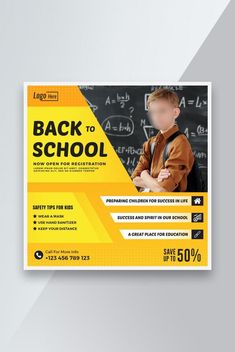 the back to school flyer is shown with an image of a boy standing in front of a chalkboard