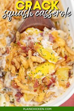 a casserole dish with bacon and cheese in a white bowl on a red table