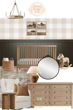 a baby's room with furniture and decor