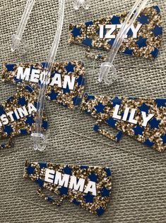 blue and gold sequin name tags with glitter