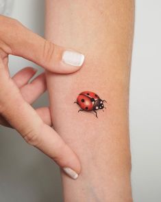 a ladybug tattoo on the arm of a woman's left hand,