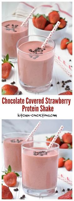 chocolate covered strawberry protein shake with strawberries in the background and text overlay reading chocolate covered strawberry protein shake