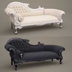 an old fashioned couch and a modern daybed are shown in two different views, one is white and the other is black