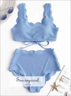 Sun-imperial Women Blue Textured Scalloped High Rise Bikini Swimsuit Wire Free Spaghetti Straps Solid tie Back SUN-IMPERIAL United States Day Sky, Summer Bathing Suits, Trendy Swimsuits, Kardashian Kollection, Cute Bathing Suits, Costume Intero, Cute Swimsuits, Plus Size Jeans, Plus Size Swimwear