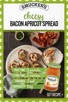 an advertisement for smoked bacon apricot spread on a white plate with green checkered tablecloth