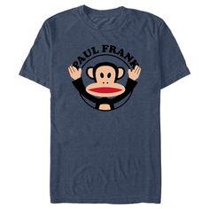 Get lost in the bright and colorful world of Paul Frank with all new officially licensed apparel featuring your favorite playful and happy characters from Planned Pines past and present! The cheerful and iconic Julius the Monkey is encircled by "Paul Frank" in black text on this classy men's graphic t-shirt. Grab one of these sweet new tees today and let your imagination run wild with these pop culture icons! Fun Character Print T-shirt For Fan Conventions, Funny Blue Graphic Print T-shirt, Retro Blue T-shirt With Cartoon Print, Funny Crew Neck T-shirt With Character Print, Pop Culture T-shirt With Character Print And Relaxed Fit, Funny Character Print T-shirt For Fan Conventions, Pop Culture Fan Merchandise T-shirt With Crew Neck, Novelty Cotton T-shirt With Character Print, Cotton T-shirt With Character Print For Fans