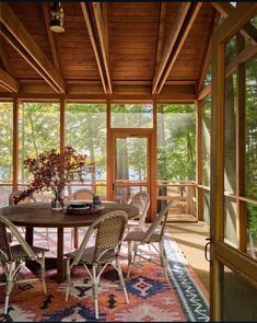 a table and chairs in a room with large windows