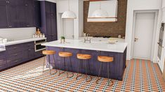 a large kitchen with purple cabinets and stools on the countertop, along with an island in the middle