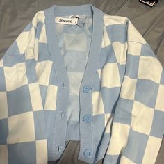 New With Tag, Women Size Medium, Runs A Bit Oversized Oversized Plaid Casual Cardigan, Oversized Casual Plaid Cardigan, Casual Oversized Plaid Cardigan, Oversized Plaid Spring Cardigan, Oversized Plaid Cardigan For Spring, Plaid Cotton Cardigan For Spring, Soft Blue Clothes, Pastel Blue Outfit Aesthetic, Blue Clothing Aesthetic