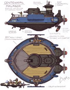 a blue and yellow submarine sitting on top of a wooden floor next to another ship