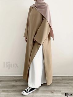 Bjux - Premium Collection: Womens Solid Split Crew Neck Kaftan Abayas - Exquisite Long Sleeve Maxi Length Dress Clothes For Hijabi Women, Kimono Style Abaya, Types Of Abaya, Elegant Hijab Dress, Emirati Abaya, Abaya Sleeves, Flowy Abaya, Kaftan Hijab, Summer Abaya