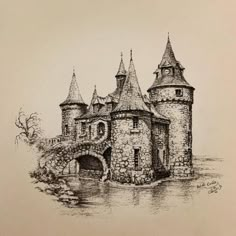 a drawing of an old castle with water coming out of it