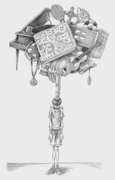 a drawing of a person holding up a bunch of things on top of their head