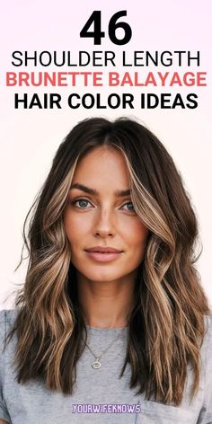 Dive into these 46 gorgeous brunette balayage ideas for shoulder-length hair. Whether you’re into dark brown hues or lighter shades, there’s something here for you. Perfect for straight and natural hair types, these styles include everything from curtain bangs to layers, ensuring you’ll find the perfect look to enhance your natural beauty. Brunette Balayage Hairstyles, Hair Color Ideas For Brunettes Mid Length, Dark Brown Hair Going Lighter, Lighter Hair Colors For Dark Hair, Brunette Shoulder Length Hairstyles, Brunette A Line Bob Shoulder Length, Dark Brown Hair With Blonde Dimension, Dark Brown Hair With Long Layers And Curtain Bangs, Long Bob Haircuts Curtain Bangs