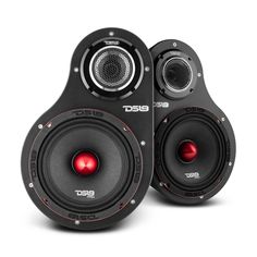 two speakers are shown side by side on a white background, one is black and the other is red