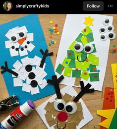 paper plate christmas tree and snowman craft for kids to make with construction paper on the table