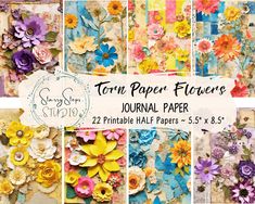 paper flowers are arranged in different colors and sizes, with the words tara paper flower journal