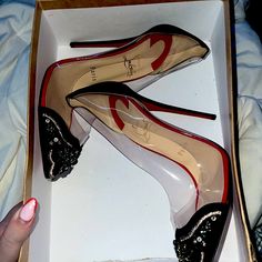 Size 9 Runs Half A Size Small Hand Stitched Jewels On Toe Never Worn Out New Without Tags Authenticated By Real Real Box Only Bottom Half And Is Slightly Dented , Moved And In Process Wasn’t Able To Recover Cheap Red Bottoms For Club Outfit, Designer Embellished Black Heels, Designer Black Embellished Heels, Louboutin Spiked Heels, Christian Louboutin Kate 100, Louboutin Wedges, Gold Glitter Heels, Christian Louboutin Kate, Christian Louboutin So Kate