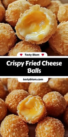 crispy fried cheese balls on a plate with text overlay that reads, crispy fried cheese balls