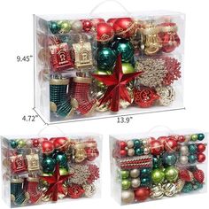 two boxes filled with assorted christmas ornaments