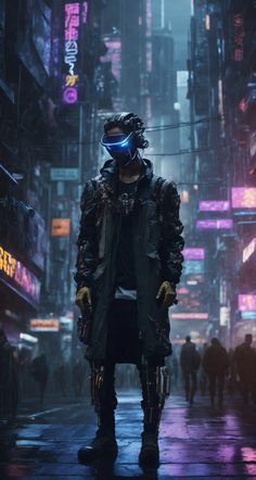 a man in a futuristic suit and goggles standing on a city street at night