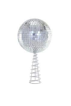 a silver disco ball on top of a metal stand