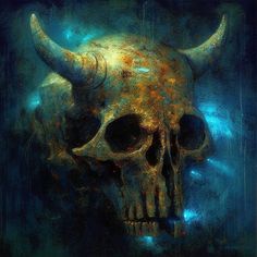 a painting of a skull with horns on it