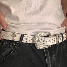 y2k 2000s White rhinestones detailing, with silver metal crosses grunge Vegan Leather belt Style: Grunge/Emo Unisex! Super slick and high quality material One size fits most (28"-36" waist recommended) 45.5" L  1.5" W brand new Silver Rhinestone Belt, Bling Belt Outfit, Silver Belt Outfit, Early 2000s Outfits, Metal Crosses, Y2k Belt, Style Bundle, 2000s Outfits, White Studs